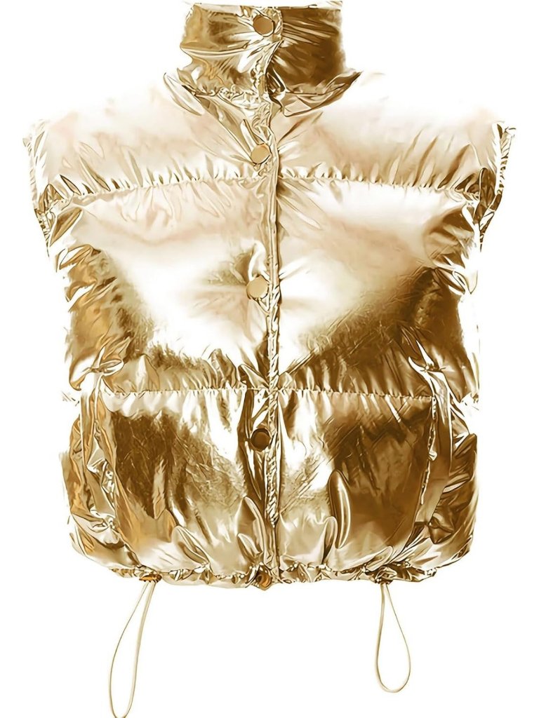 Stylish Women's Metallic Quilted Winter Crop Vest - Sleeveless Puffer Jacket